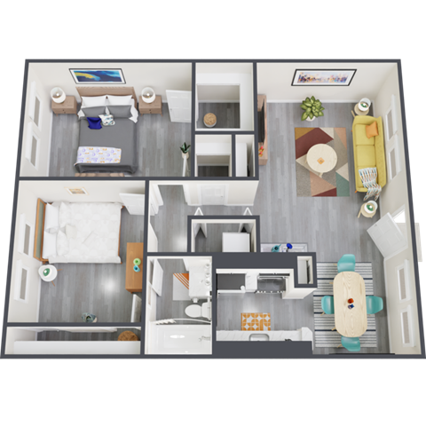 Floor plan for 2 beds, 1 bath, 784 sqft